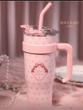 Pink Heart-Print Insulated Travel Tumbler with Handle and Straw